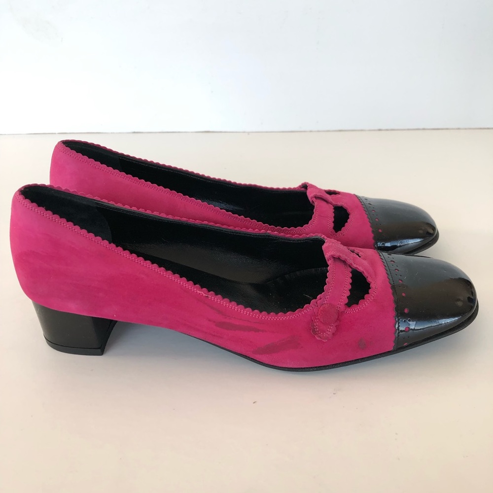♦️SOLD♦️SALVATORE FERRAGAMO Pink Suede Black Patent Leather Cap Toe Flat Loafer - Picture 4 of 14